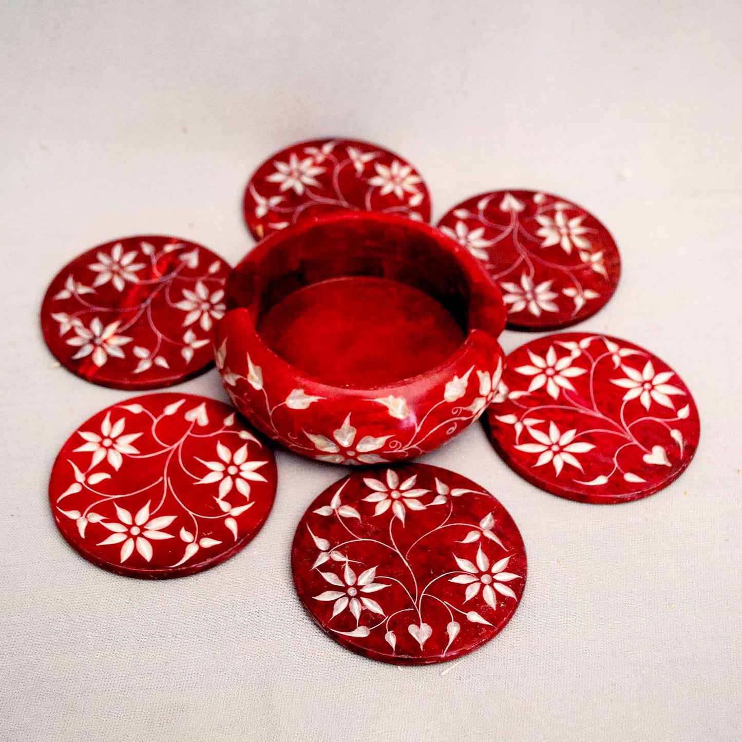 Red Marble Coasters (Set Of 6) With Stand (Marble Soapstone)