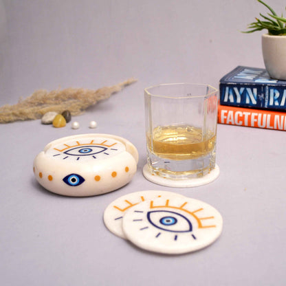 Evil Eye Coasters (Set Of 6 ) With Stand (Pietra Dura using semi-precious stones)