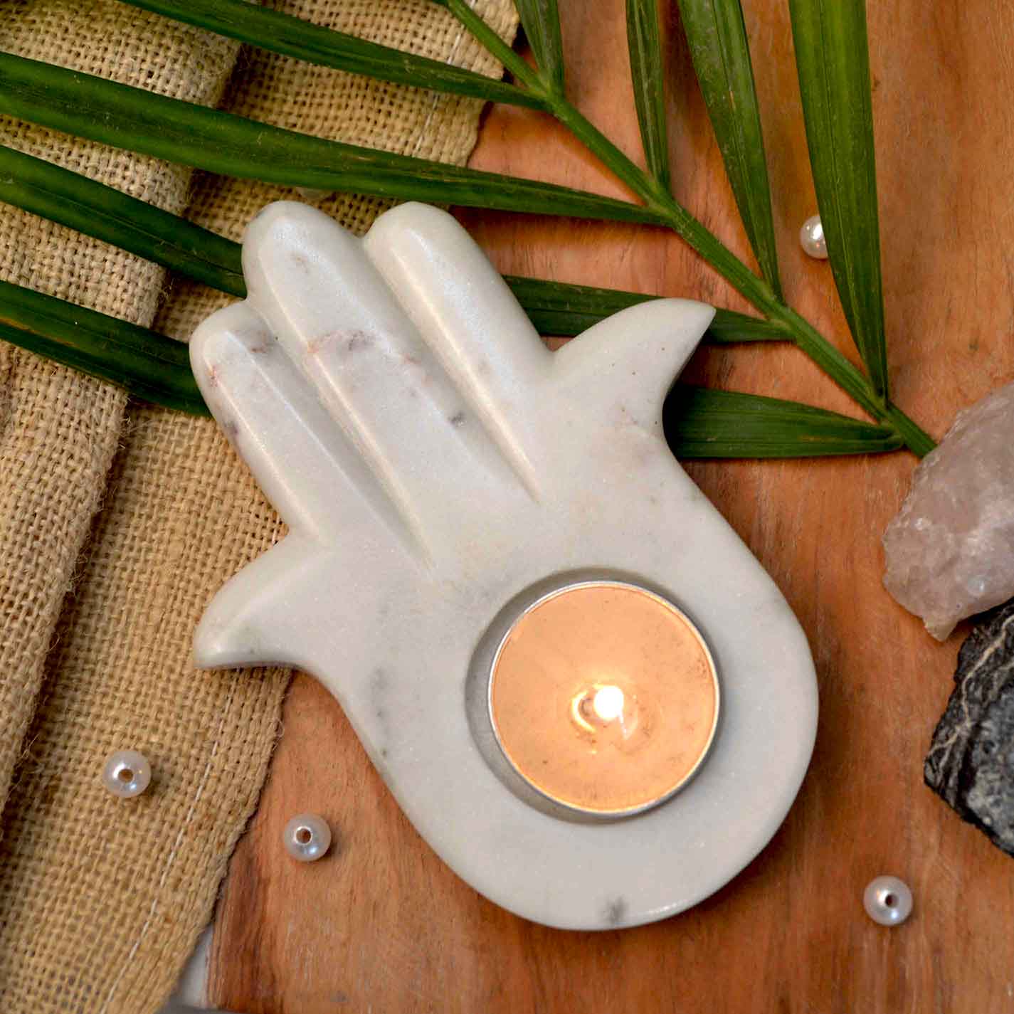 Hamsa Tealight Candle (White Marble)