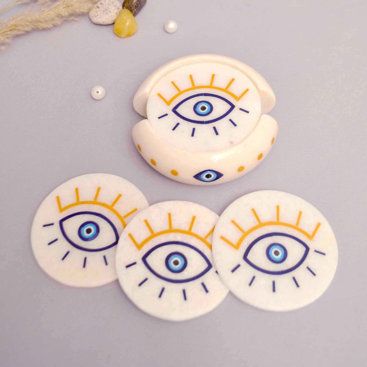 Evil Eye Coasters (Set Of 6 ) With Stand (Pietra Dura using semi-precious stones)