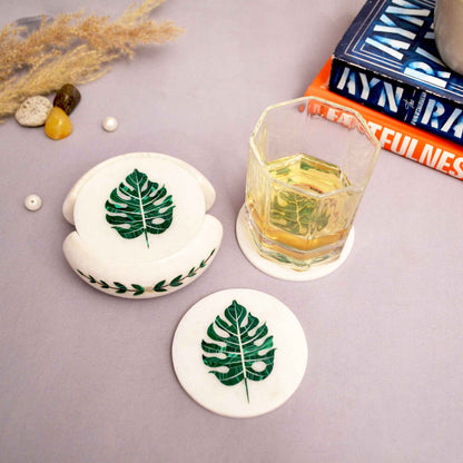 Monster Leaf Coasters (Set of 6) With Stand (Marble & Semi Precious Stones)