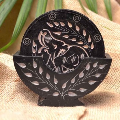 Black Marble Tea Coasters (Set of 6) With Stand (Black Soapstone)