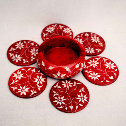 Red Marble Coasters (Set Of 6) With Stand (Marble Soapstone)