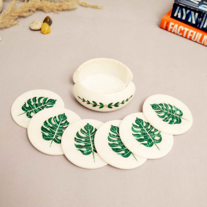 Monster Leaf Coasters (Set of 6) With Stand (Marble & Semi Precious Stones)