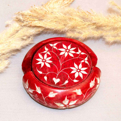 Red Marble Coasters (Set Of 6) With Stand (Marble Soapstone)