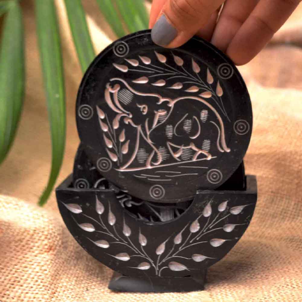 Black Marble Tea Coasters (Set of 6) With Stand (Black Soapstone)