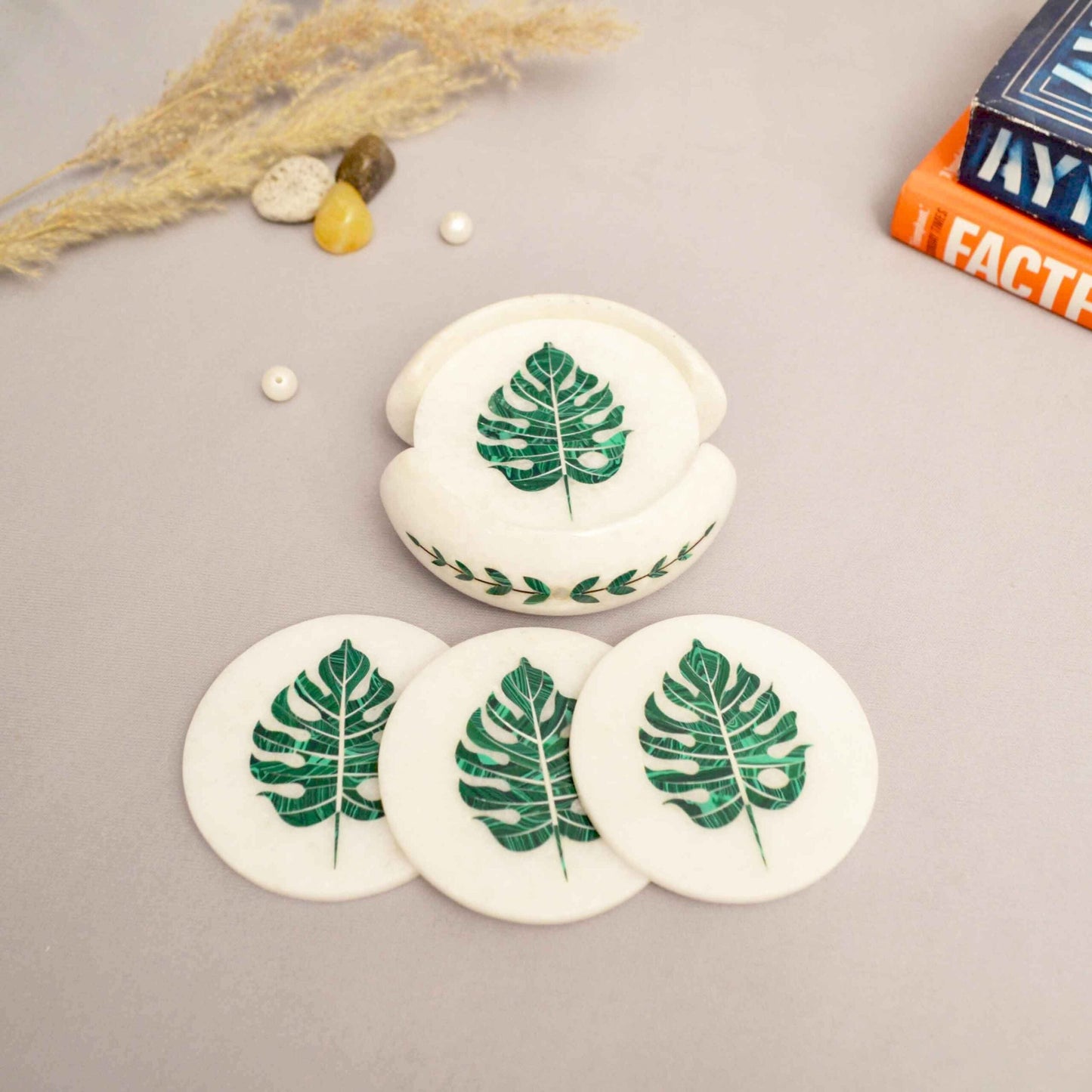 Monster Leaf Coasters (Set of 6) With Stand (Marble & Semi Precious Stones)