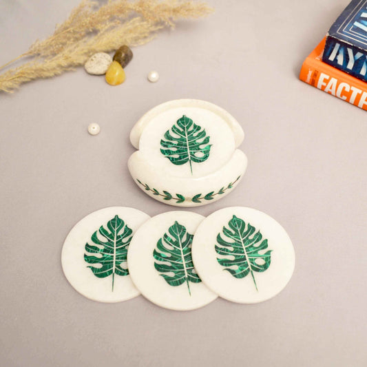 Monster Leaf Coasters (Set of 6) With Stand (Marble & Semi Precious Stones)