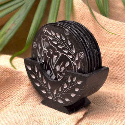 Black Marble Tea Coasters (Set of 6) With Stand (Black Soapstone)