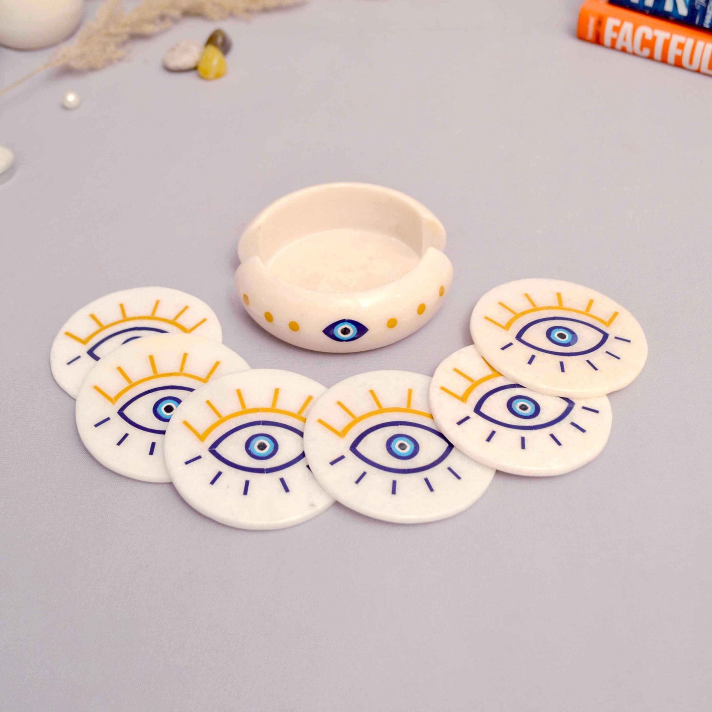 Evil Eye Coasters (Set Of 6 ) With Stand (Pietra Dura using semi-precious stones)