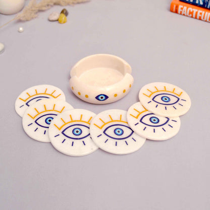 Evil Eye Coasters (Set Of 6 ) With Stand (Pietra Dura using semi-precious stones)