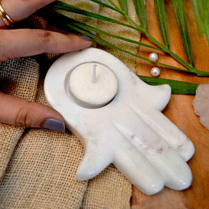Hamsa Tealight Candle (White Marble)