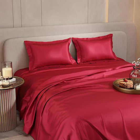Red Silk Plain Premium King Size Bedsheet (108" x 108") 400 TC