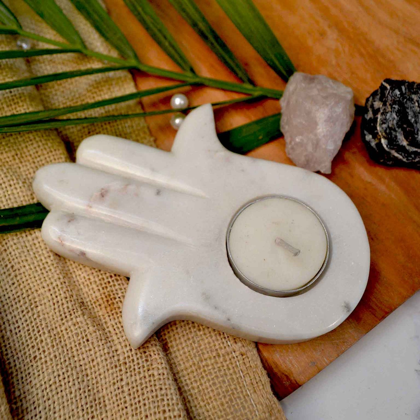 Hamsa Tealight Candle (White Marble)