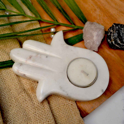 Hamsa Tealight Candle (White Marble)