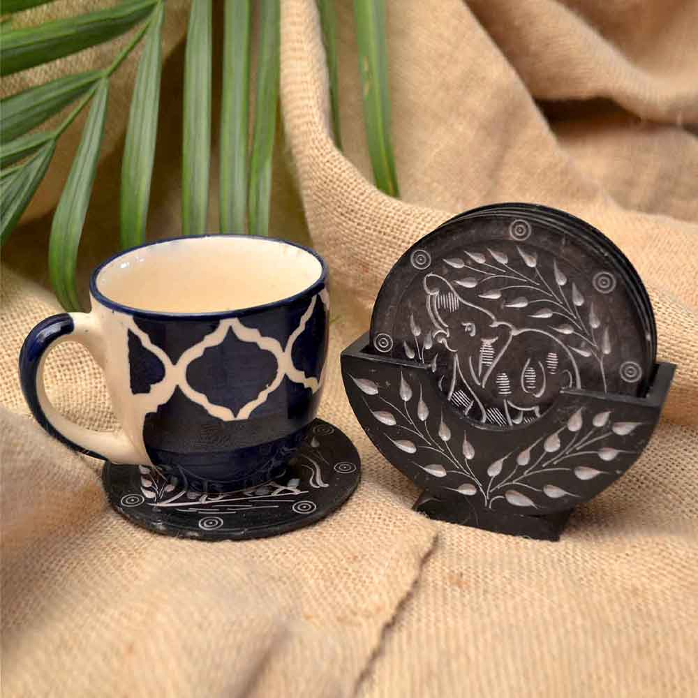 Black Marble Tea Coasters (Set of 6) With Stand (Black Soapstone)