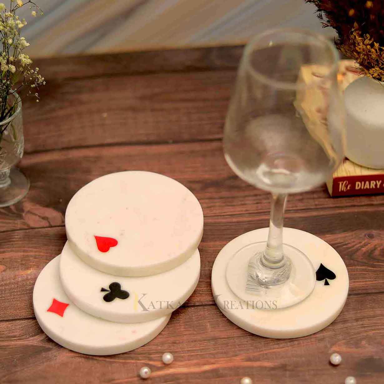 Marble Card Tea Coasters Set of 4 (Marble & Semi Precious Inlay Stone)