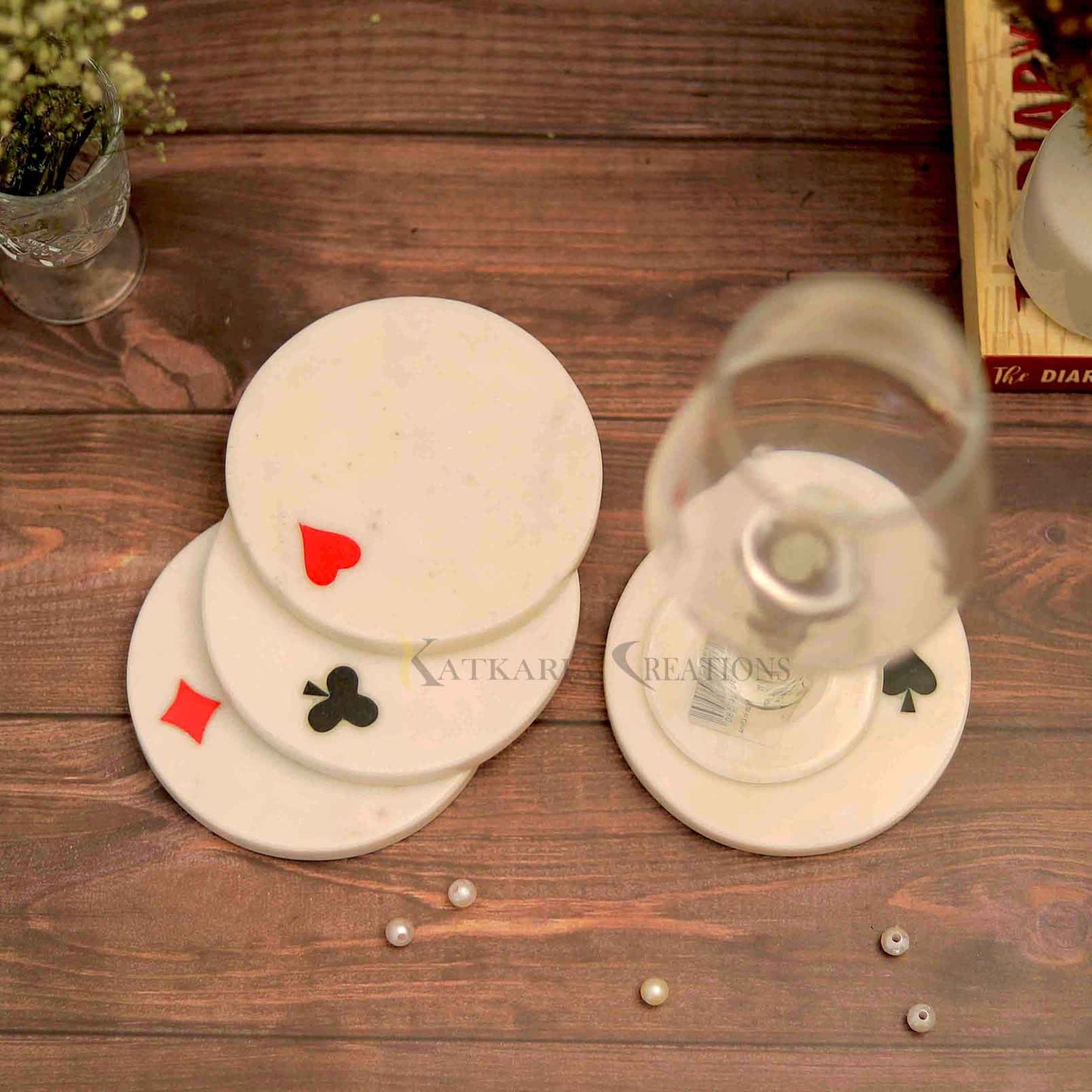 Marble Card Tea Coasters Set of 4 (Marble & Semi Precious Inlay Stone)