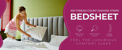 White Plain-Lined Premium King Size Bedsheet (108" x 108") 400TC