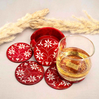 Red Marble Coasters (Set Of 6) With Stand (Marble Soapstone)